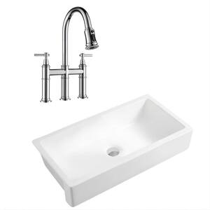 Janni White 37 in. Ceramics 37 in. Single Bowl Corner Farmhouse Apron Workstation Kitchen Sink with Faucet
