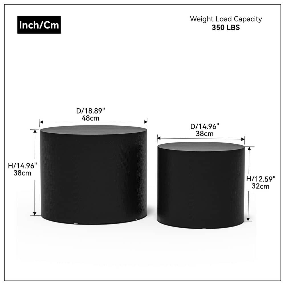 Matte Black Round Wood Nesting Coffee Table Set, 2 Pieces