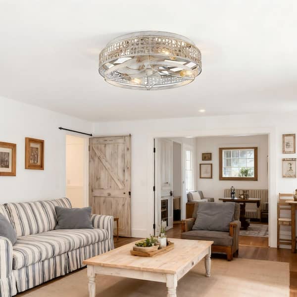 18 in. Indoor White Caged Ceiling Fans with Lights and Remote, Flush Mount Ceiling Fan with APP Control for Bedroom