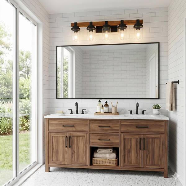 BAOURE 32 in. 5 Light Black Vanity Light with Glass Shades