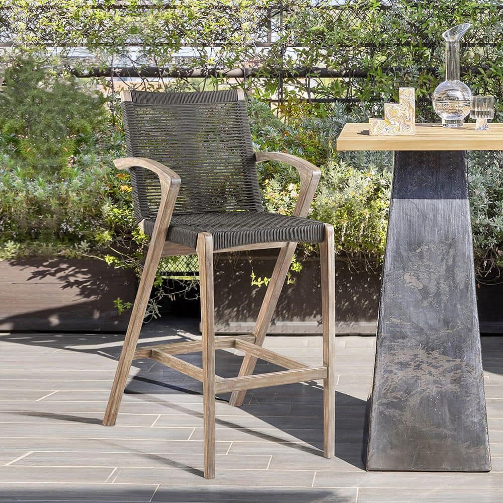 Brielle Armed UV Protected Outdoor Light Eucalyptus Wood and Charcoal Rope Bar Height Stool with Footrest price history on PriceWatchPro