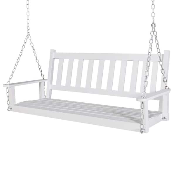 VEIKOUS 4 ft. White Outdoor Wooden Patio Porch Swing with Chains and Curved Bench