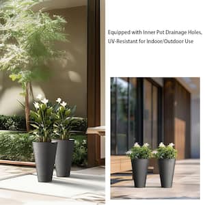Large and Tall 13 in. H Round Charcoal Black Plastic Planter Pots for Indoor/Outdoor Plants Set of 2