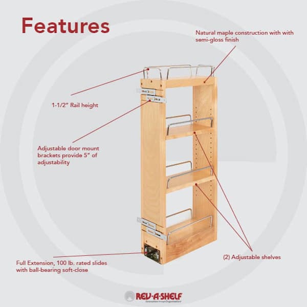 Rev-A-Shelf 5 Inch Width Tall Wood Cabinet Pullout Pantry Organizer with  Soft-Close Slides, Min. Cabinet Opening Width: 5-1/2 Inch, Light Brown  448-TPF58-5-1