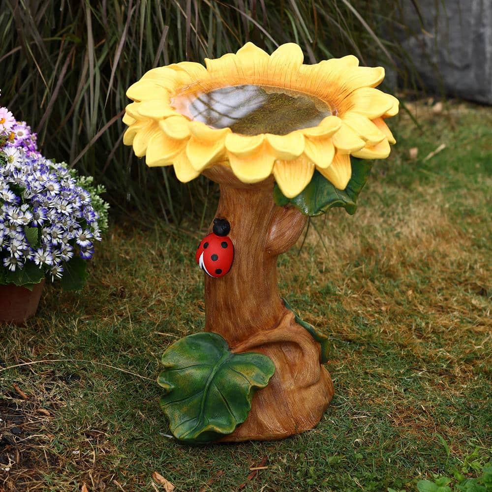 Yellow Sunflower Resin Birdbath with Ladybug Accent
