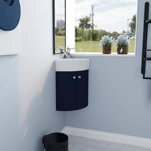 13 in. W Simplicity Floating Wall Mounted Corner Bathroom Vanity Set with Ceramic Sink in Navy Blue