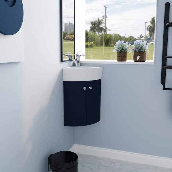 FUNKOL 13 in. W Simplicity Floating Wall Mounted Corner Bathroom Vanity Set with Ceramic Sink in Navy Blue