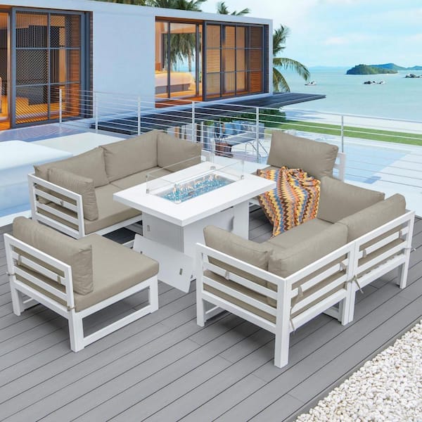 FINCATI 7-Piece Patio White Metal Conversation Sectional Set, Fire Pit Table and Beige Cushions