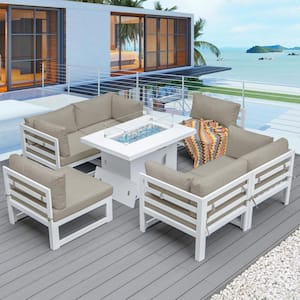 7-Piece Patio White Metal Conversation Sectional Set, Fire Pit Table and Beige Cushions