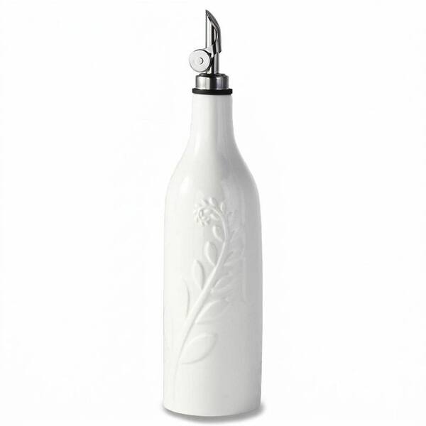 Relief Ceramic White Oil Vinegar Dispenser Bottle with Non-Drip Spout for Kitchen Cooking and Dining Table