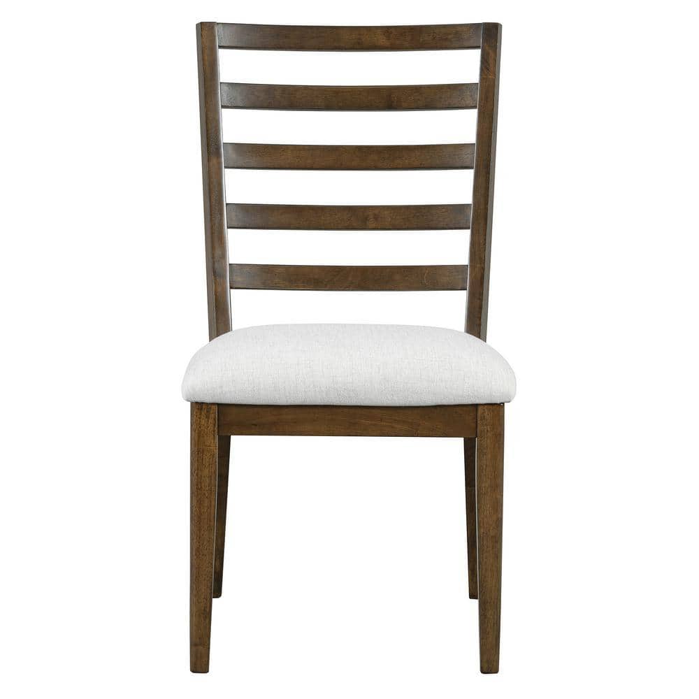 Walnut dining chair with a ladder back and white seat cushion.