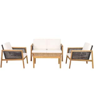 4-Pieces Patio Acacia Wood Furniture Set PE Rattan Conversation Set with Off White Cushions