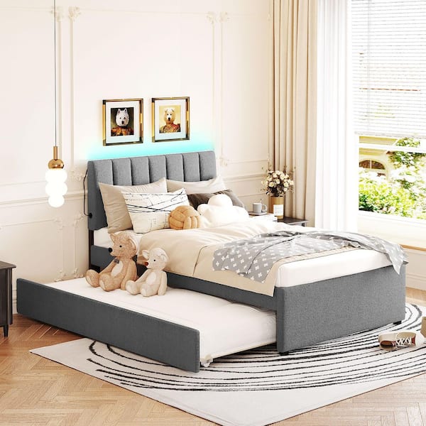 Harper & Bright Designs Gray Wood Frame Twin Size Teddy Fleece Size Upholstered Platform Bed with Trundle and LED Lights