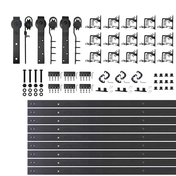 HOMACER 18 ft./216 in. Black Rustic Inverted Bent Triple Track Bypass Sliding Barn Door Track and Hardware Kit for Triple Doors