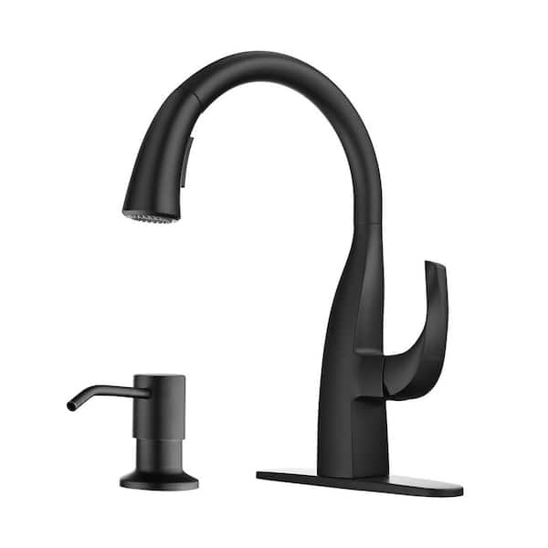 ARCORA Single Handle Gooseneck Pull Down Sprayer Kitchen Faucet Stainless Steel with Soap Dispenser in Matte Black