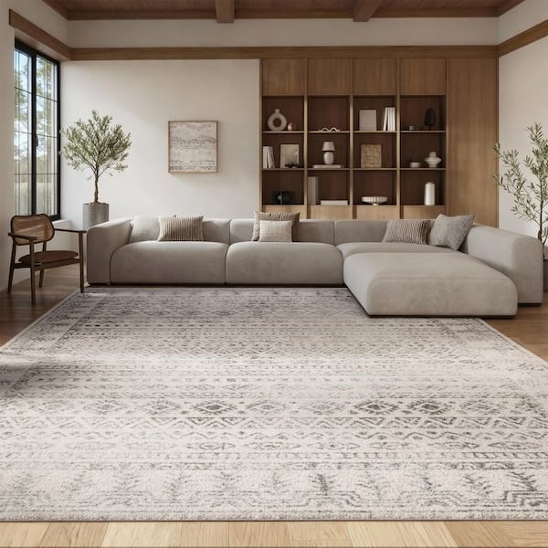 Tulum 12 ft. x 18 ft. Ivory/Gray Border Striped Distressed Area Rug