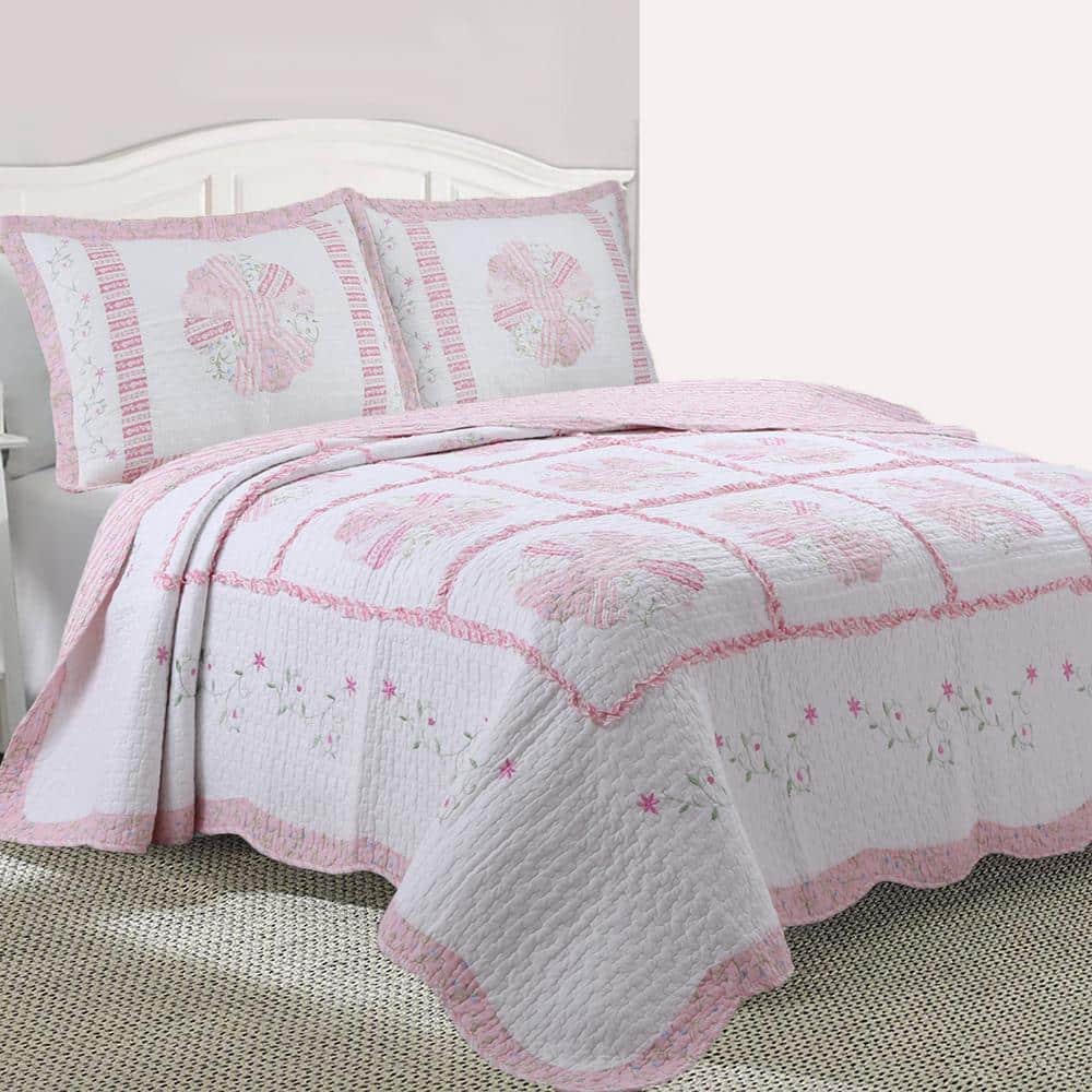 Pink and White Floral Cotton Twin Reversible Quilt Set