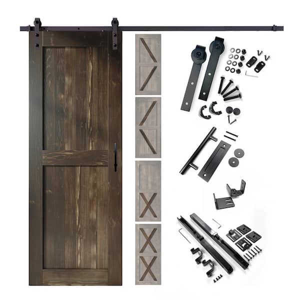 HOMACER 36 in. x 80 in. 5 in. 1 Design Ebony Solid Pine Wood Interior Sliding Barn Door Hardware Kit, Non-Bypass
