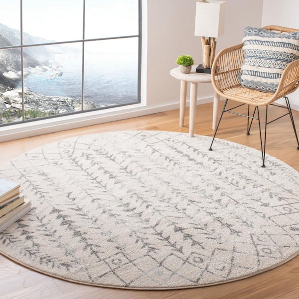 Tulum Ivory/Gray Doormat 3 ft. x 3 ft. Round Tribal Diamonds Border Area Rug