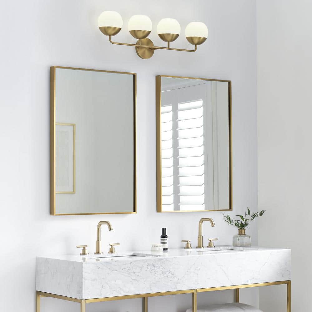 Satin Brass 4-Light Incandescent Vanity with Milk Glass Shades