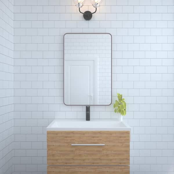 Unbranded Oil Rubbed Bronze 24 in. W x 36 in. Rounded Rectangle Metal Framed Tempered Glass Bathroom Wall Mirror, Anti-Rust