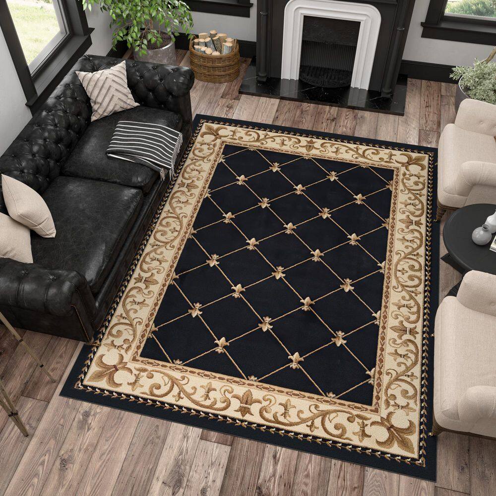 Sensation Traditional Black Swirl 5'3" Octagon Synthetic Rug