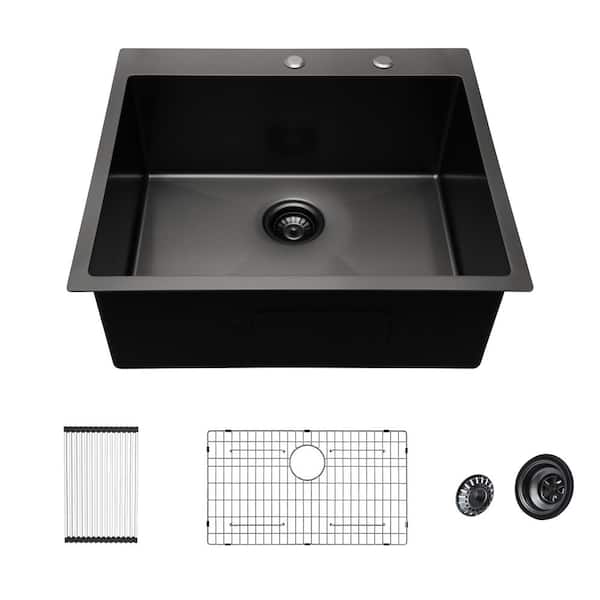 LORDEAR 28 in.Gunmetal Black 16-Gauge Stainless Steel Single Bowl Drop-In Kitchen Sink with Bottom Grid