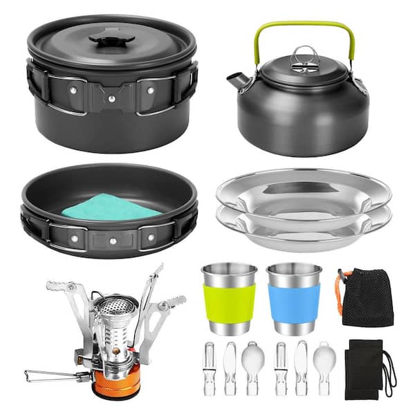 16-Pieces Camping Cookware Set Non-Stick Anodized Aluminum with Folding Stove Kettle Stainless Steel Cutlery Kit