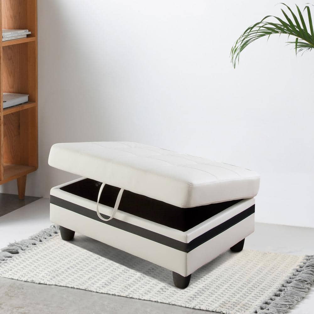 35 in. W White And Black Faux Leather Rectangle Ottoman with Storage