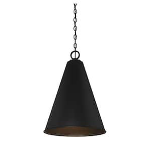 Meridian 18 in. W x 27.75 in. H 1-Light Matte Black Shaded Pendant Light with Metal Cone Shade
