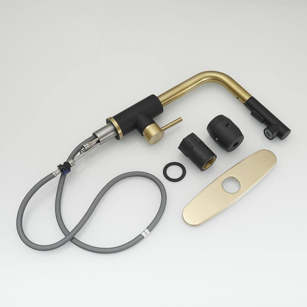 Matte Black and Brushed Gold Stainless Steel Pull-Out Kitchen Faucet