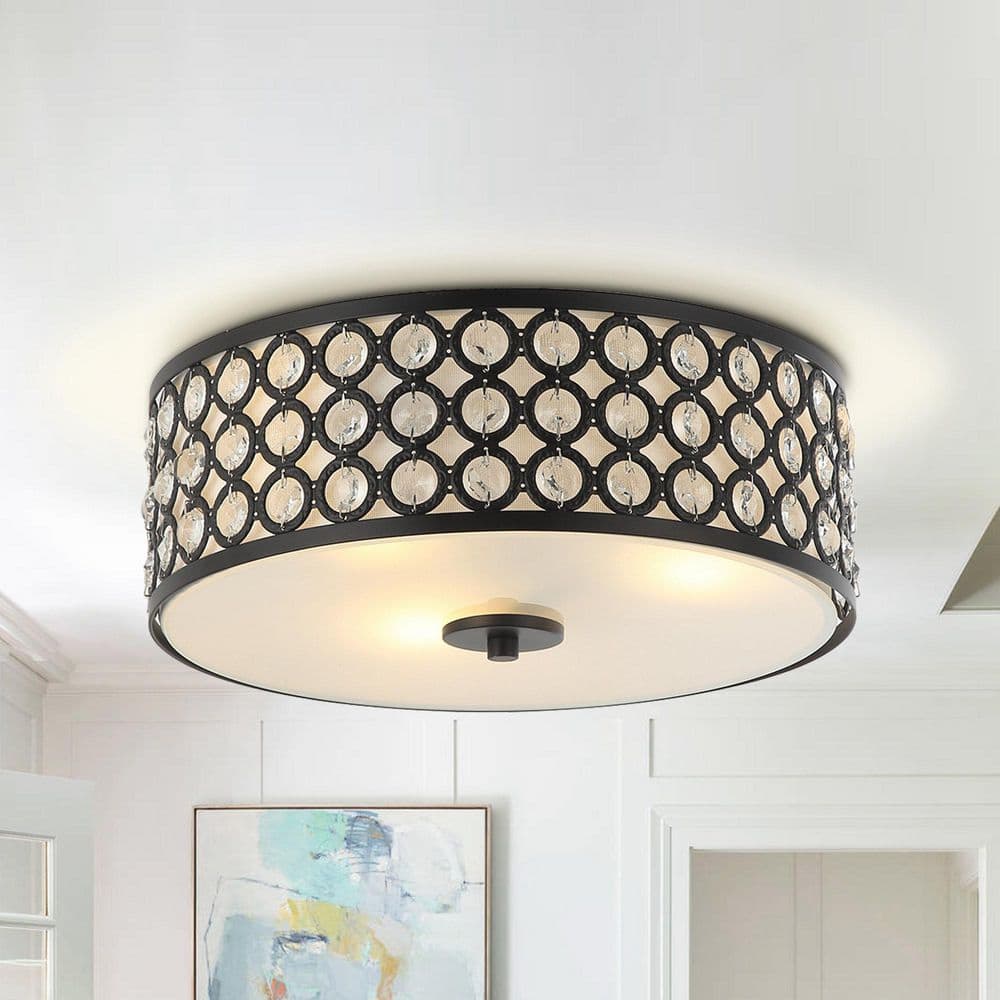 Parrot Uncle 14 in. 3-Light Black Drum Flush Mount Crystal Parrot Uncle 14 in. 3-Light Black Drum Flush Mount Crystal