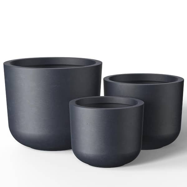 11.5in., 13.5in., 9.5in. Dia Granite Gray Large Tall Round Concrete Plant Pot / Planter for Indoor & Outdoor Set of 3
