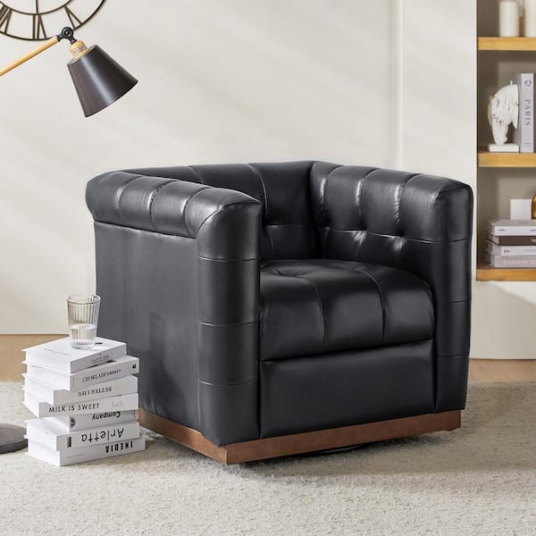 JAYDEN CREATION Gunther Black Genuine Leather Swivel Club