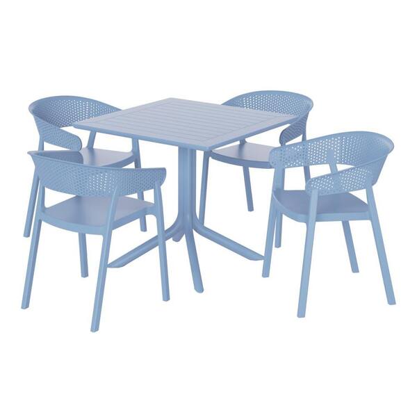 Frond&Form French Blue Plastic All Weather 5-Piece Square Table Modern Outdoor Patio Dining Set w/ 4 Stackable Chairs