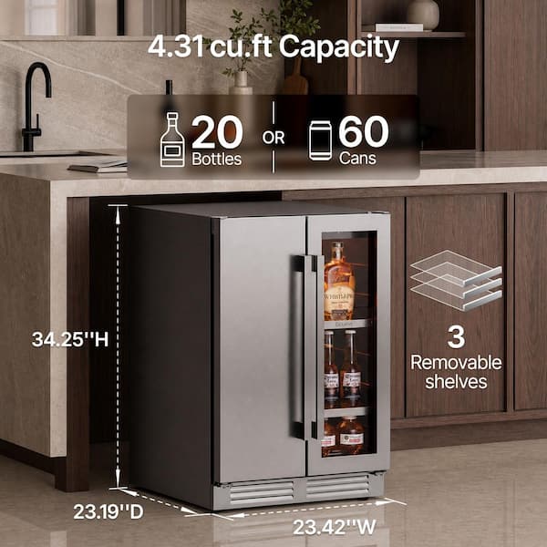 24in. 5lb. Sphere Ice Freestanding/Built-In Ice Maker and Beverage Refrigerator in Stainless Steel with Adjustable Shelf