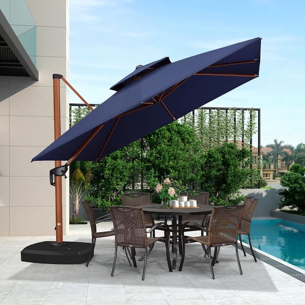 PURPLE LEAF 10 ft. Square Quality Aluminum Polyester Wood Pattern Patio Umbrella Cantilever Umbrella with Wheels Base, Navy Blue