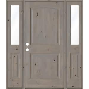 58 in. x 80 in. Alder 2-Panel Right-Hand/Inswing Clear Glass Grey Stain Wood Prehung Front Door with Sidelites