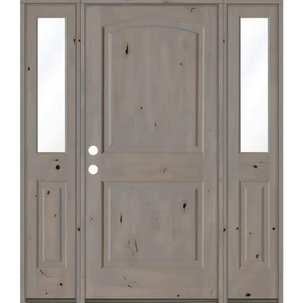 60 in. x 80 in. Knotty Alder 2-Panel Right-Hand/Inswing Clear Glass Grey Stain Wood Prehung Front Door with Sidelites