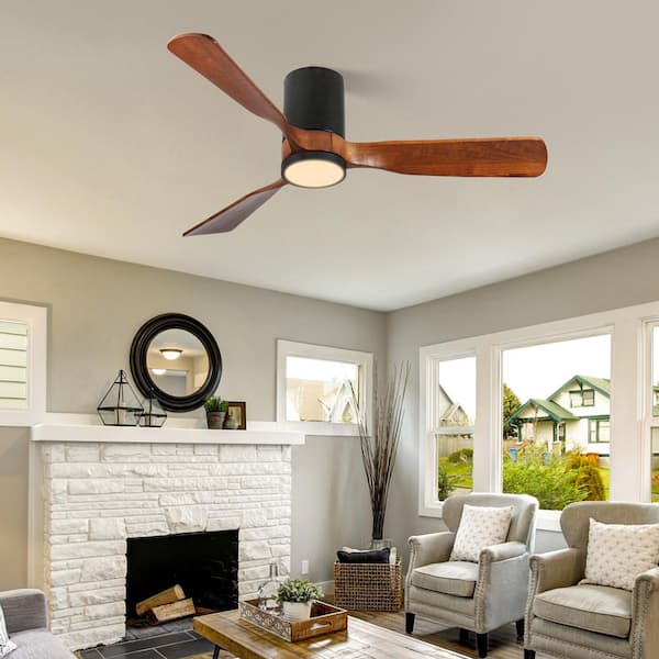 42 in. Black 3 Wood Blades Flush Mount Standard Ceiling Fan with Full Spectum LED Light and Remote Control Included