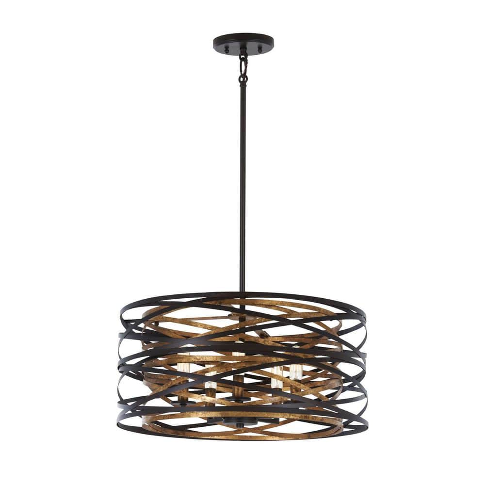 Elegant Vortic Flow Drum Pendant in Dark Bronze with Mosaic Gold Interior, 20"