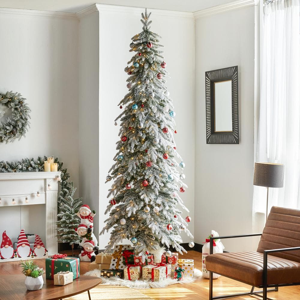 9ft Narrow Flocked Spruce Christmas Tree with Warm White Lights