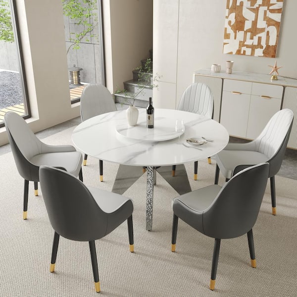 J&E Home White Marble Top 59 in. Pedestal Round Dining Table with Rotating Lazy Susan (Seats 8)