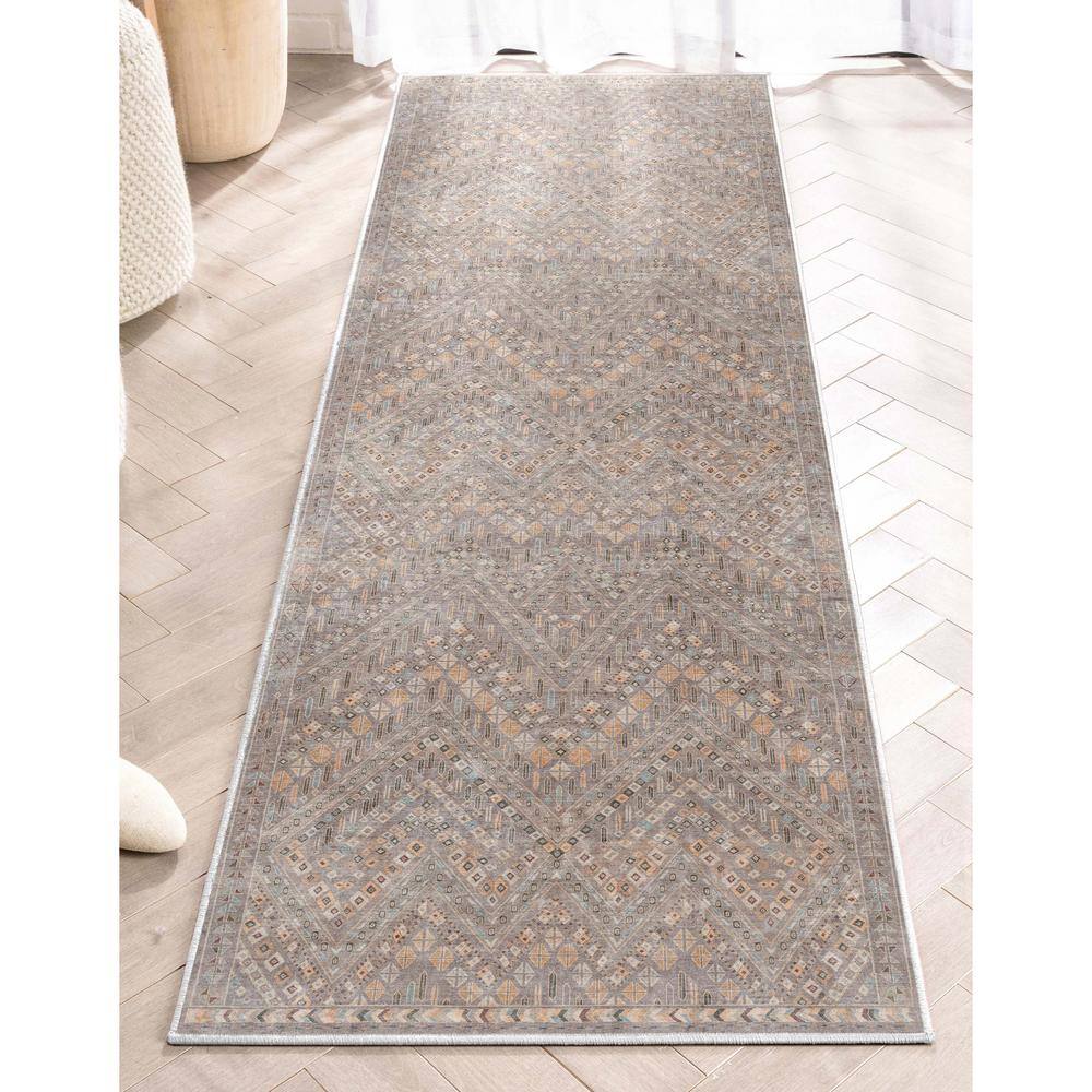 Gray Geometric Machine Woven Runner Rug with Tribal Pattern