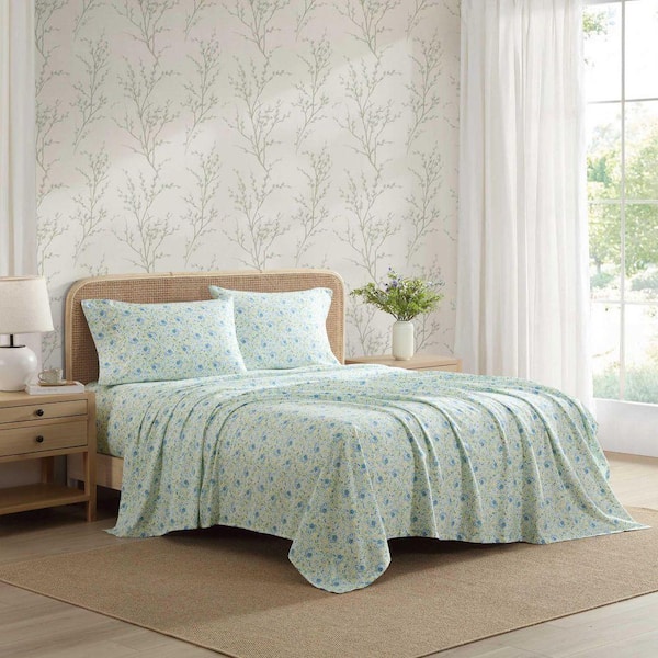 Laura Ashley Rowena 4-Piece Blue/Yellow Cotton Sateen Queen Sheet