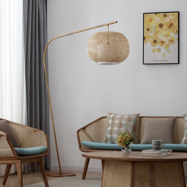 FOS 79 in. Bohemian With Brushed Brass + Walnut Finish Arch Floor Lamp with Drum Bamboo Shade for Living Room