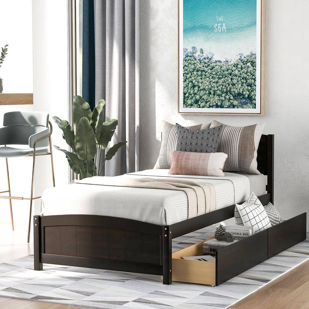 Classic 41.7 in. W Espresso and Brown Wood Frame Twin Size Platform Bed with 2-Drawers price history on PriceWatchPro