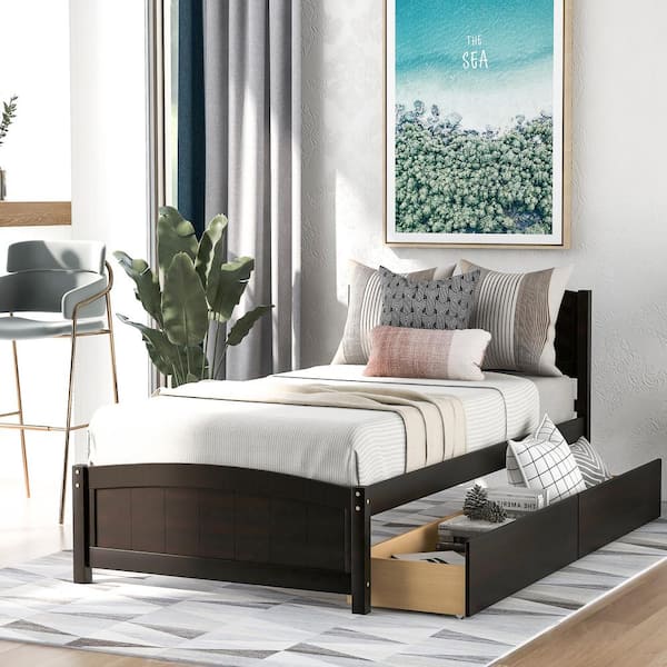Harper & Bright Designs Classic 41.7 in. W Espresso and Brown Wood Frame Twin Size Platform Bed with 2-Drawers