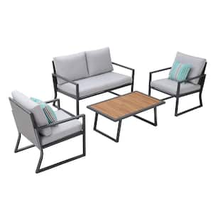 4-Piece Black Metal Patio Conversation Set with 1 Loveseat, 2 Outdoor Sofas, 1 Coffee Table and Grey Thick Cushions