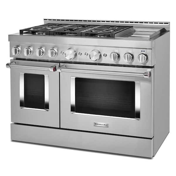 KitchenAid 48 in. 6.3 cu. ft. Smart Double Oven Commercial-Style Gas Range with Griddle and True Convection in Stainless Steel KFGC558JSS The Home Depot